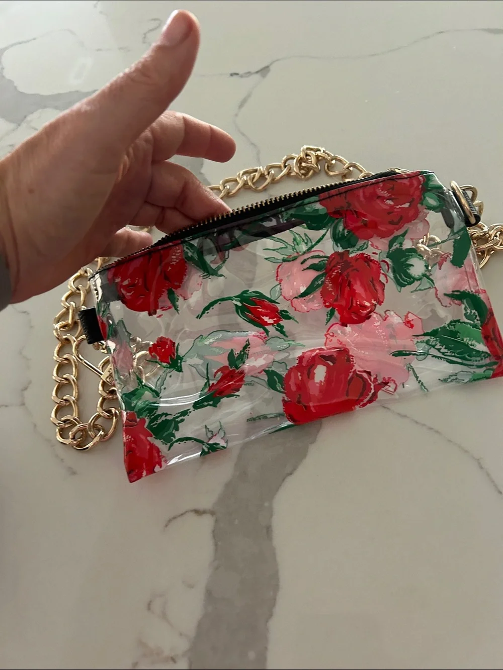 Floral Clear Clutch with Gold Chain Strap - Red Floral